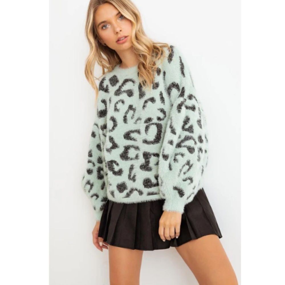 Mint Animal Print Fuzzy Knit Sweater - Picture 1 of 3